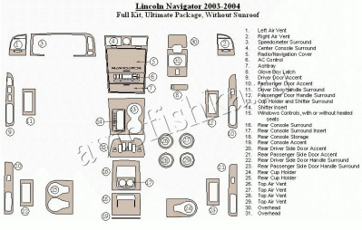 Декоративные накладки салона Lincoln Navigator 2003-2004 полный набор, без Sunroof, Ultimate Package
